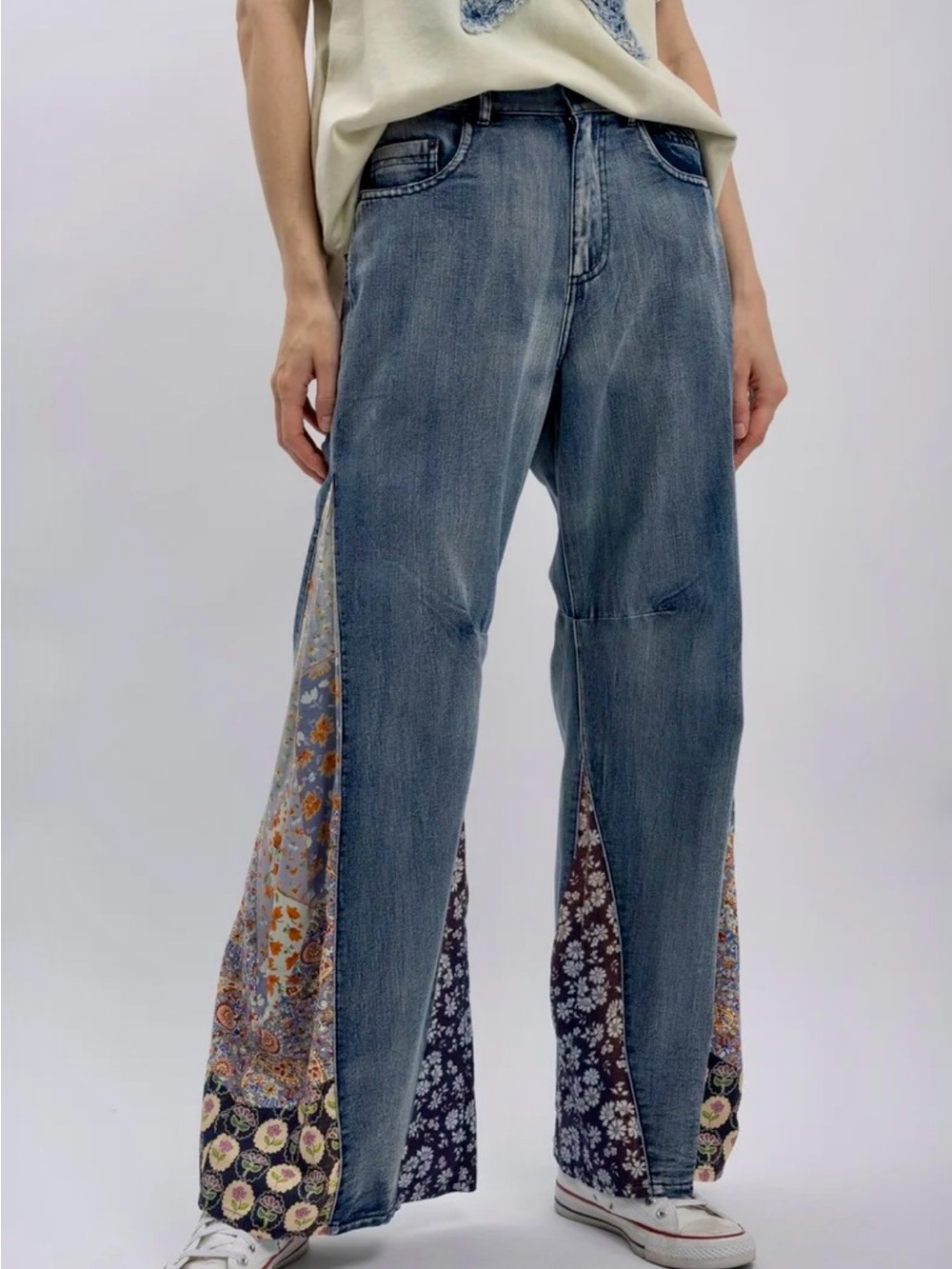 Boho Flare Denim Jeans with Floral Inset Panels - Blue by Blue Velvet